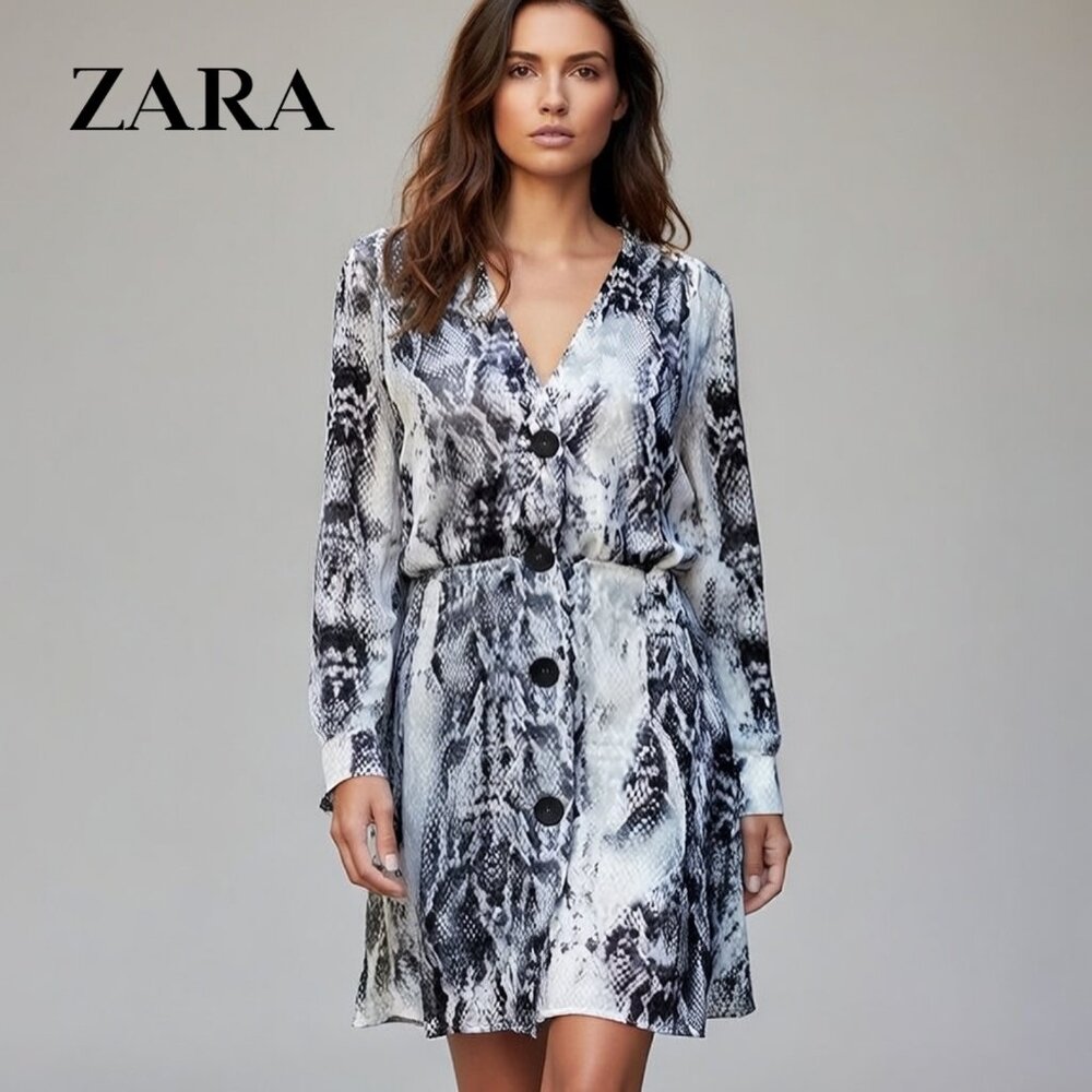 ZARA Snakeskin Print Mini Dress S Grey Snake Skin Button Front Long Sleeve Boho